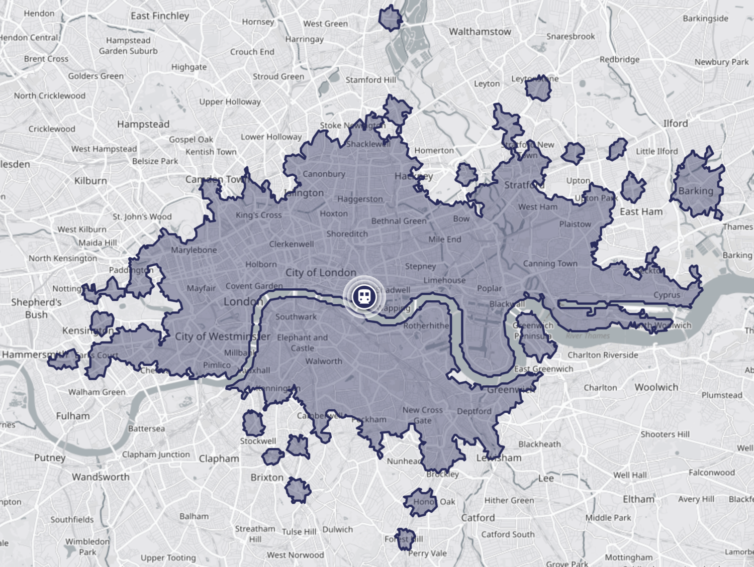 Areas reachable in 35 minutes from Tower Hill.