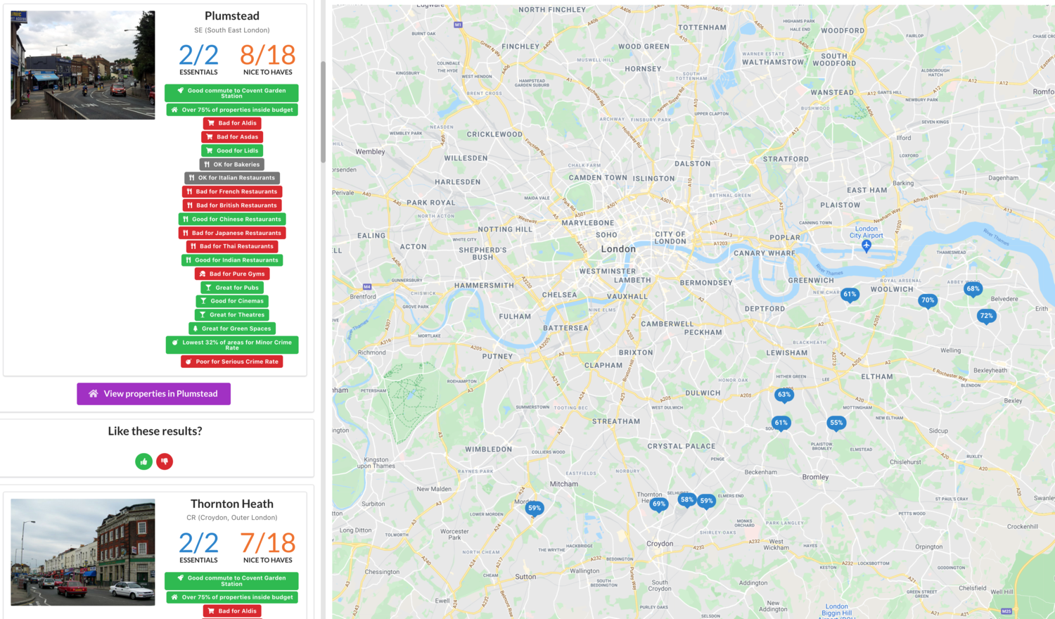 The top-matching areas in London for your criteria.