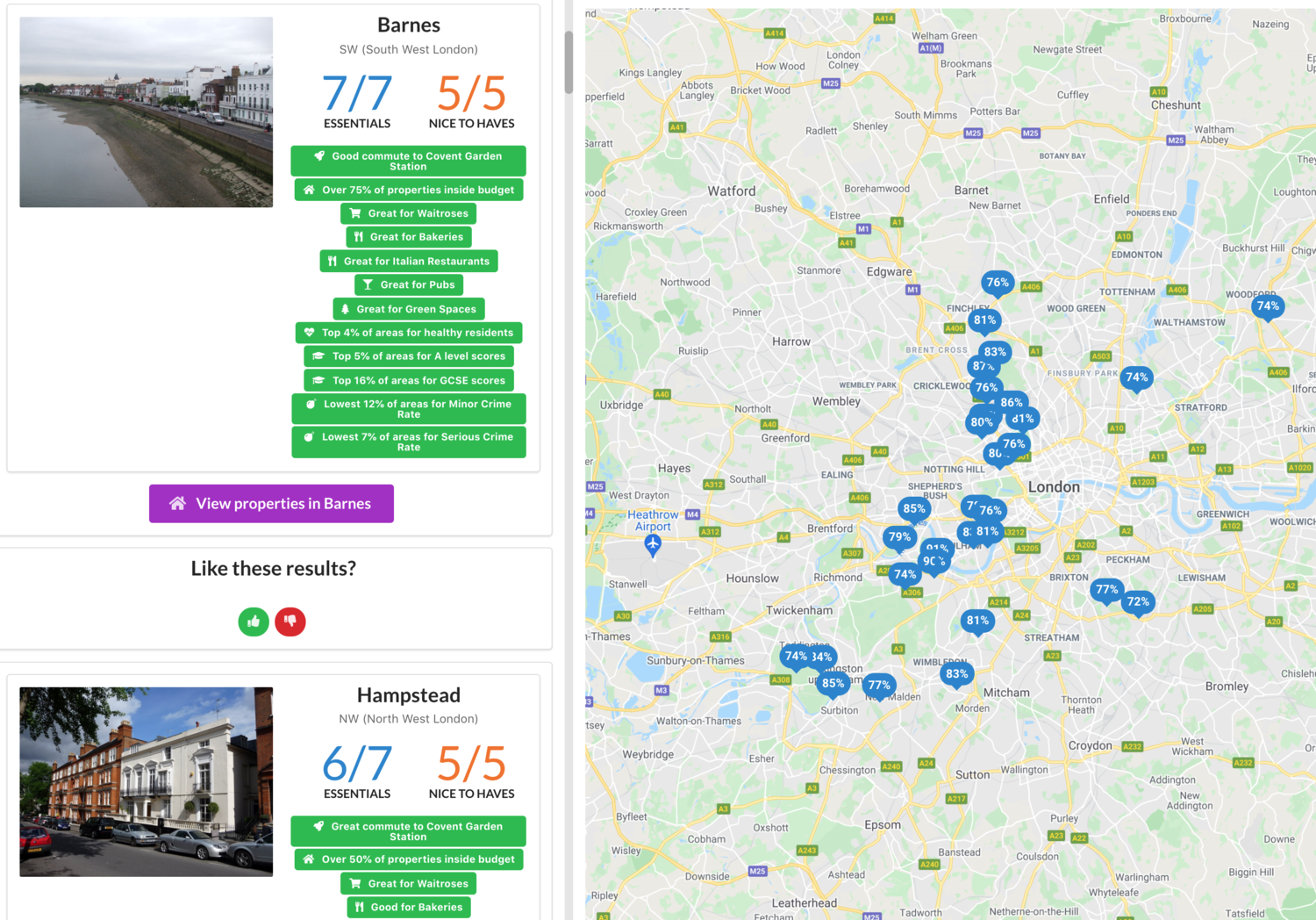 The top-matching areas in London for your criteria.