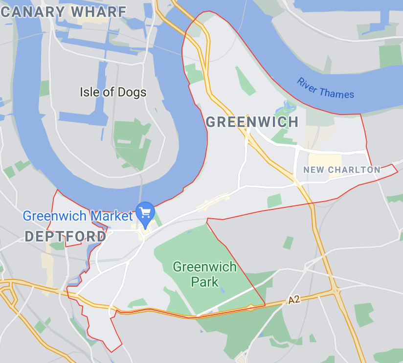 The boundaries of Greenwich according to Google Maps. But if you live on a bench in Greenwich Park, you might not think a restaurant near the north side of Greenwich is particularly close.