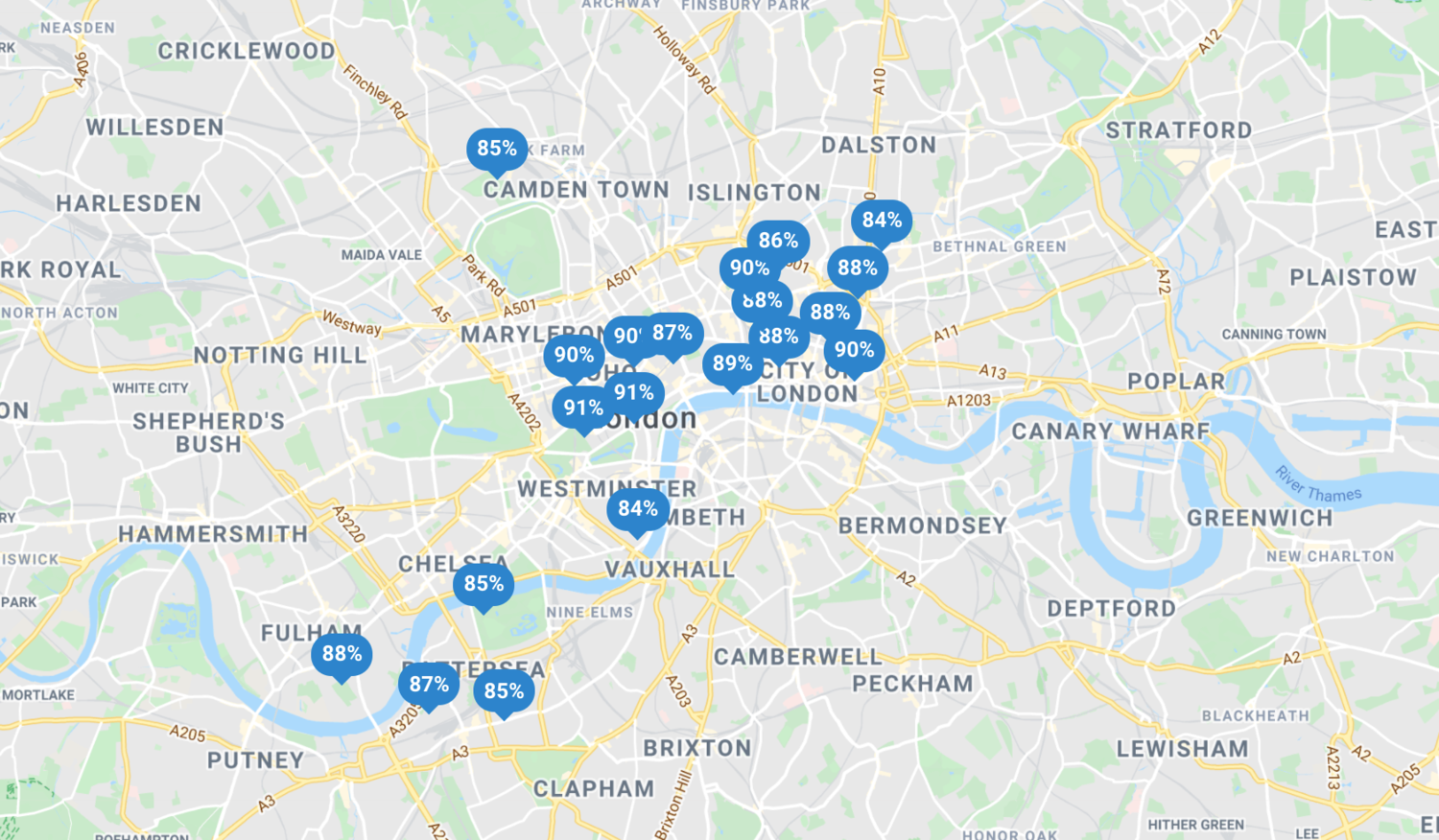 The new top-matching areas in London for your adjusted criteria.